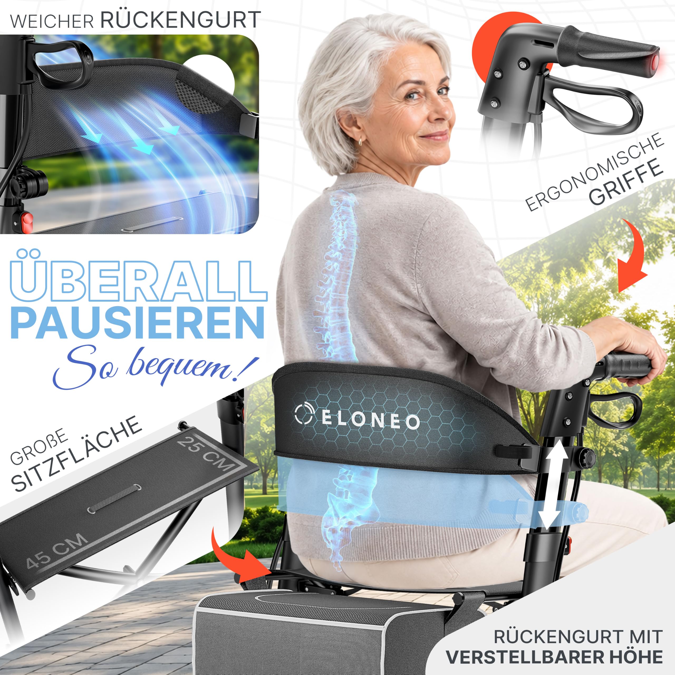 ELONEO Rollator faltbar und leicht mit Sitz - ultraleicht (5,1kg), Leichtgewicht-Reiserollator aus Aluminium, Gehhilfe höhenverstellbar und faltbar, Laufhilfe mit Tasche & Schirmhalter, schwarz