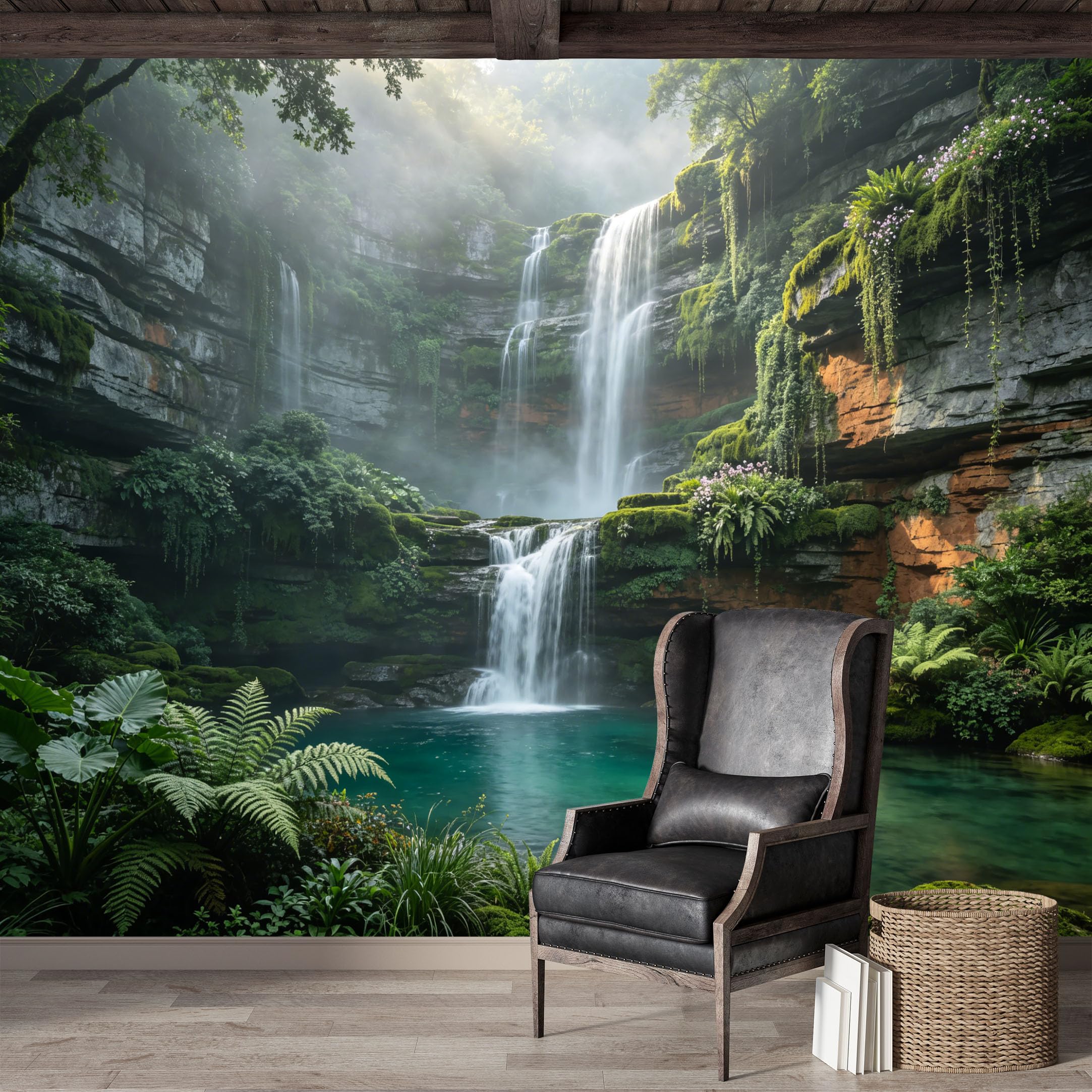Custom Size Wall Mural,Lush Waterfall Tropical Jungle Landscape Painting Premium Water Activated SelfAdhesive Wallpaper,Removable Wall Covering for Indoor Home Decor
