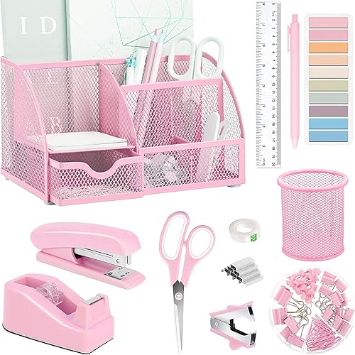 Miniatura 9 de Suministros de escritorio de oficina blancos, juego de 12 piezas de organizadores y accesorios de escritorio con dispensador de cinta y grapadora,