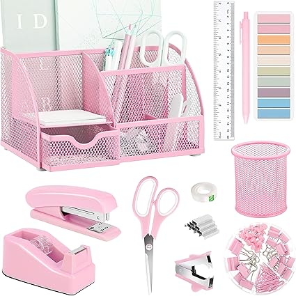 Pink Office Desk Accessories Supplies, 12pcs Desk Organizers and Accessories with Tape dispenser and Stapler,Staples,Staple Remover,Pen Holder,Scissor,Ruler,Sticky Tabs,Tape,Ballpoint Pen,Clips Set