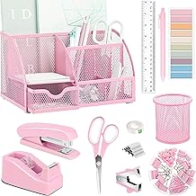 Pink Office Desk Accessories Supplies, 12pcs Desk Organizers and Accessories with Tape Dispenser and Stapler,Staples,Staple Remover,Pen Holder,Scissor,Ruler,Sticky Tabs,Tape,Ballpoint Pen,Clips Set