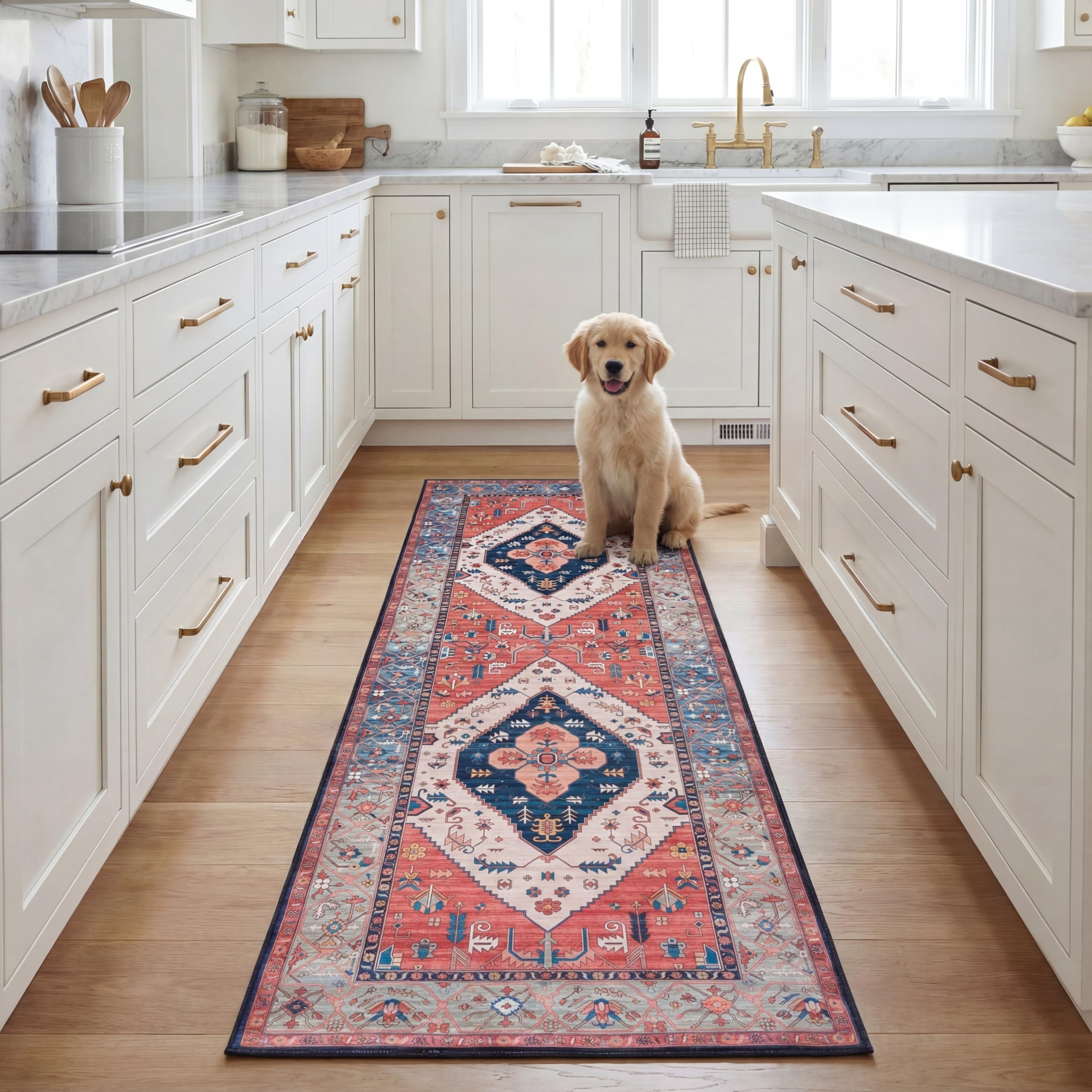 Tapis à poil court rouille et bleu 76 x 244 cm pour couloir Tucson
