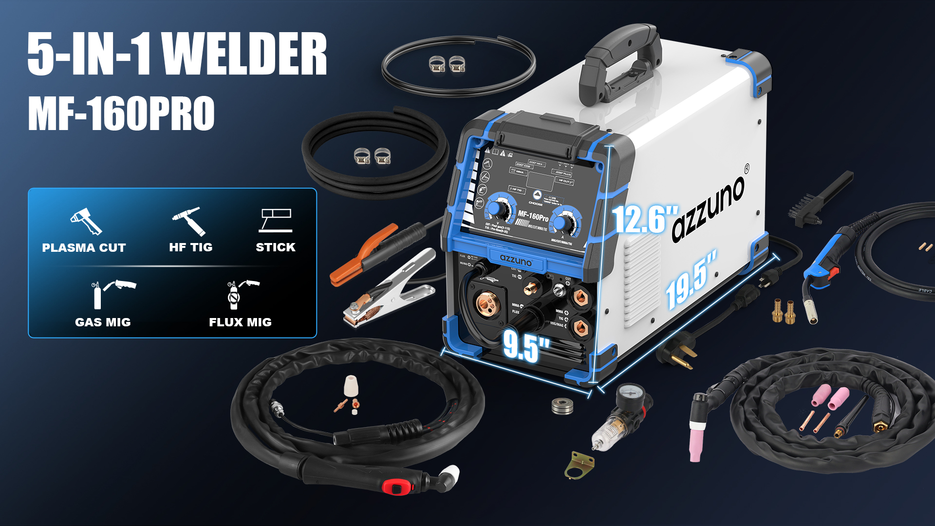 AZZUNO Plasma Cutter Welder Combo 160A, 5 in 1 FLUX/GAS MIG/TIG