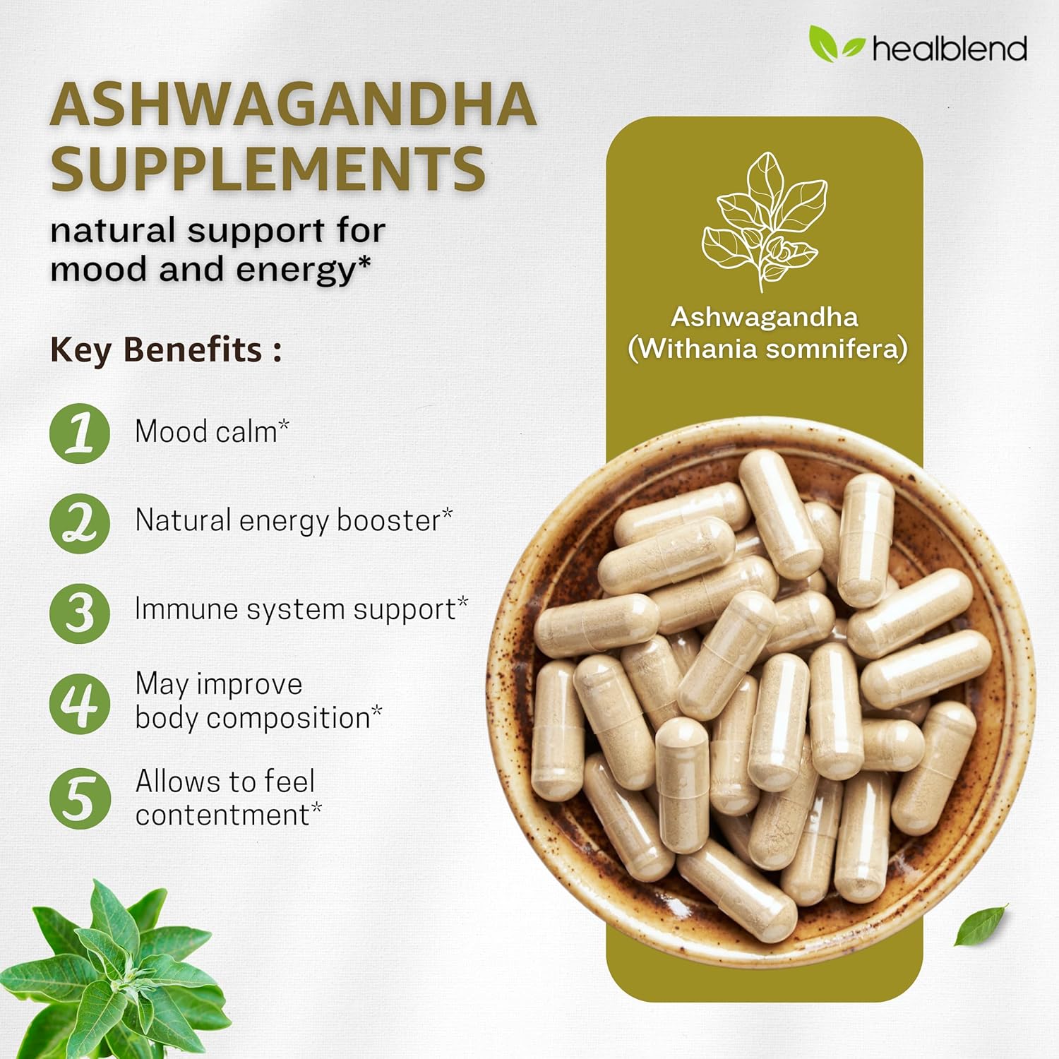healblend Organic Ashwagandha 1300mg with Black Pepper Extract - Mood & Energy Support Supplement - 60 Capsules (1) - Image 4