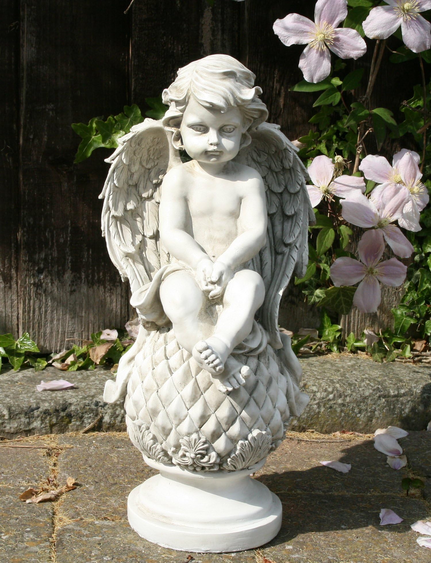 Large Sitting Cherub Angel On Ball Garden Ornament Statue Sculpture Memorial Stone Effect