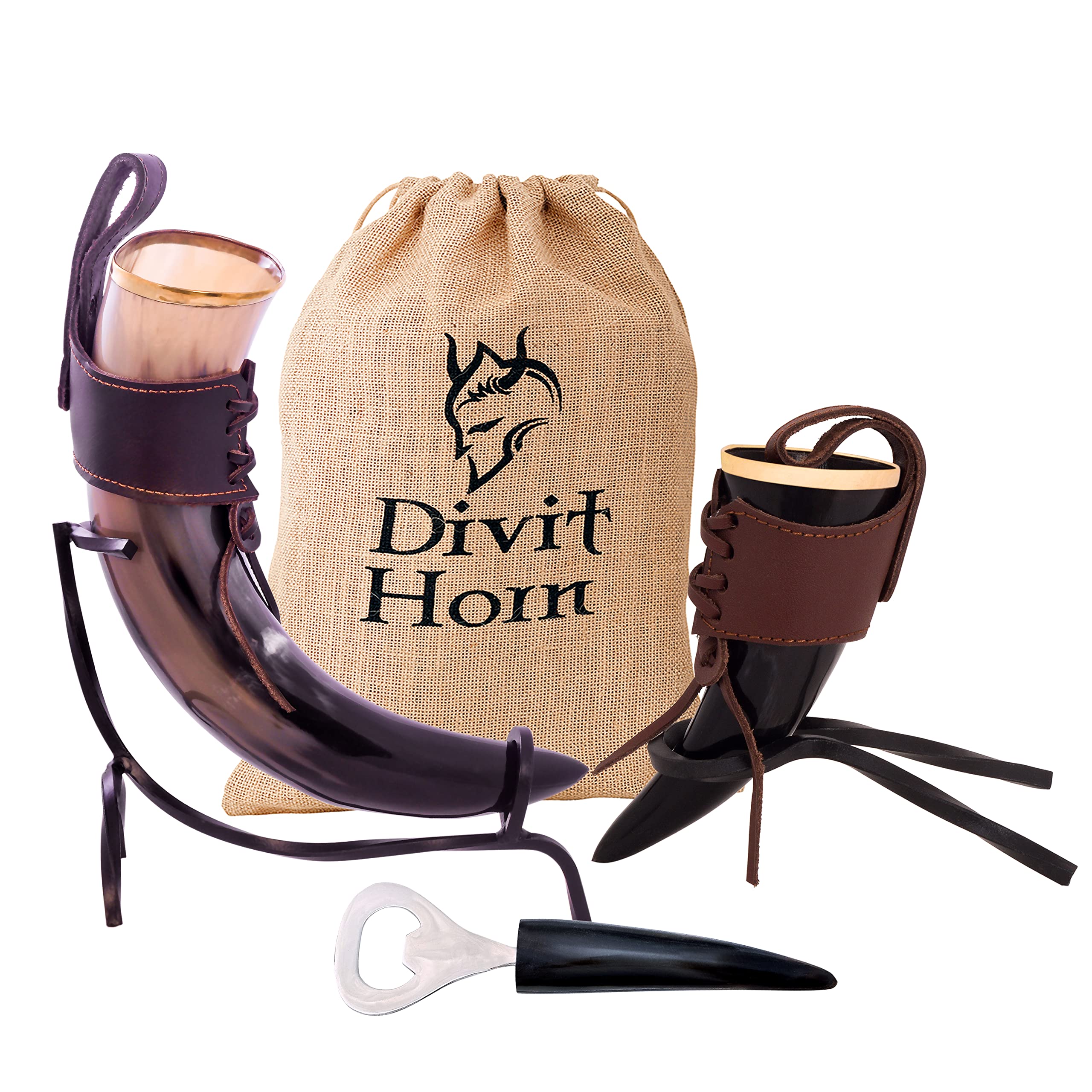 Divit HornGenuine Viking Drinking Horn, Horn Shot, Bottle Opener (3 Pc. Set) | Authentic Medieval Beer Horn Tankard | Horn Cup/Stein | Burlap Gift Sack Included. (16 oz, Leather, Polished)