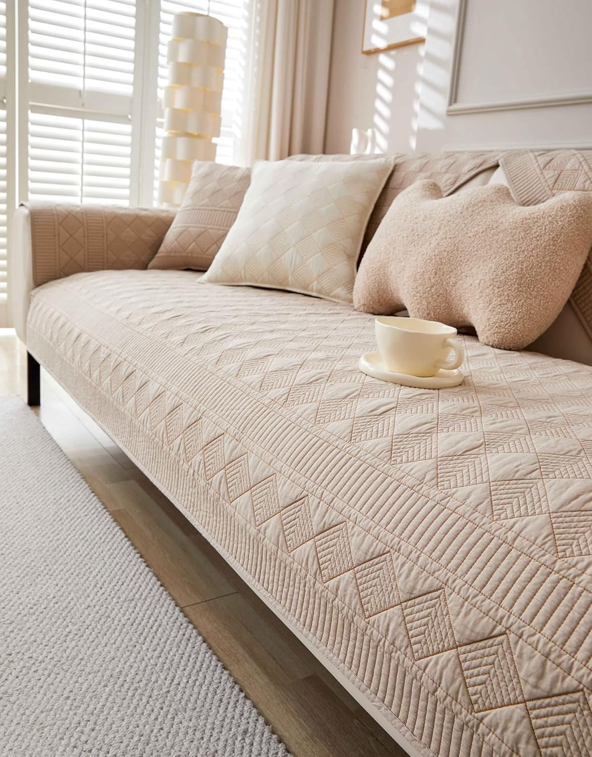 OTOB Cotton Quilted Couch Covers for 3 Cushion Couch Sofa, Washable Sofa Slipcovers Furniture Protector, All Season Non Slip Modern Geometric Pattern Soft Pet Couch Cover, 1 Piece (Khaki, 27.6"x82.7")