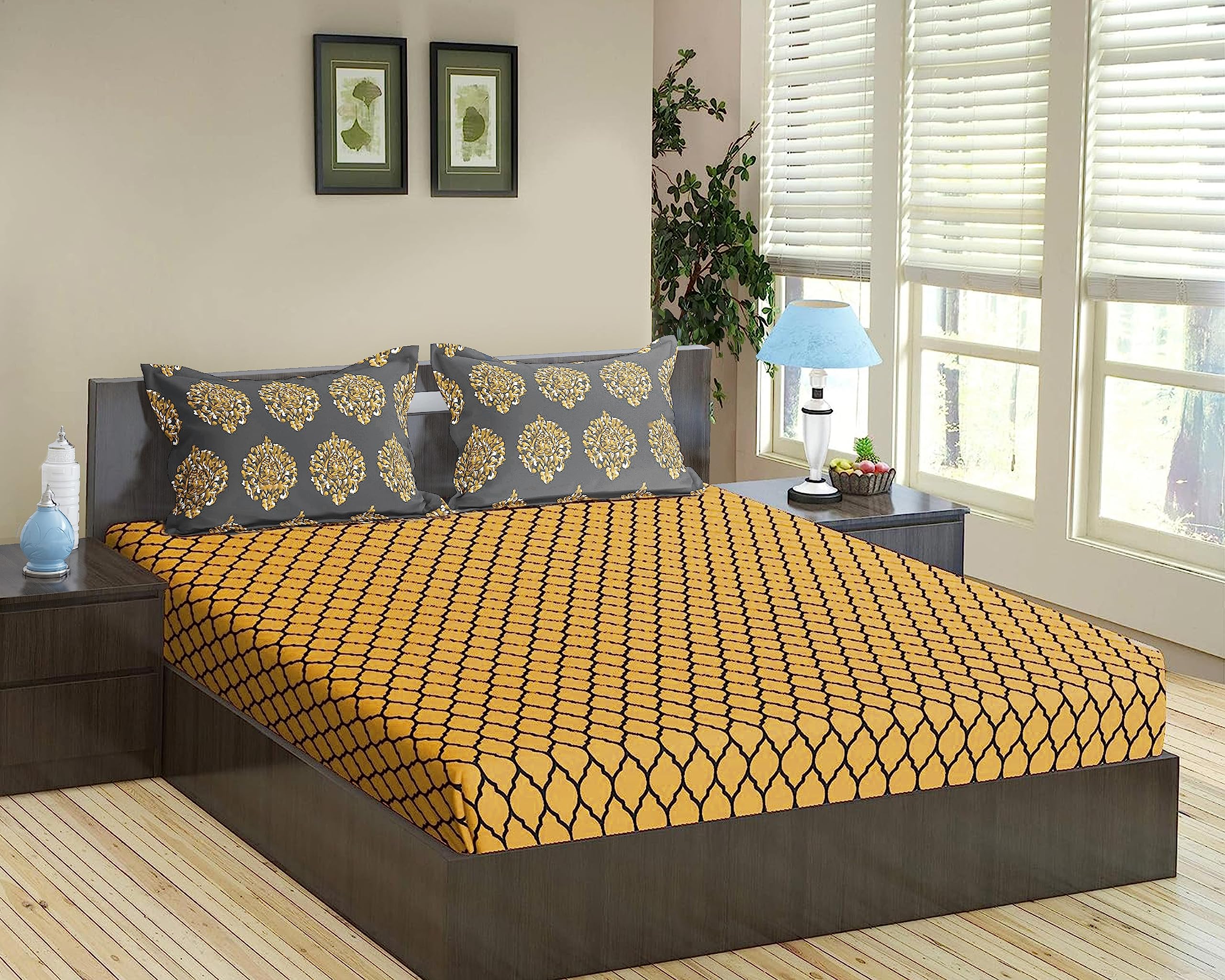 Queen Size Cotton Bedsheet Set - Warm Grey Mustard -10