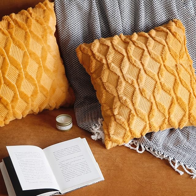 Pagnanno. Set of 2 Soft Velvet Cushion Covers 45x45cm(18x18 Inches) Fluff Throw Pillowcases Square Cushion Covers for Chairs,living room,bedroom with Invisible Zipper (18"x18" (Pack of 2), Mustard)