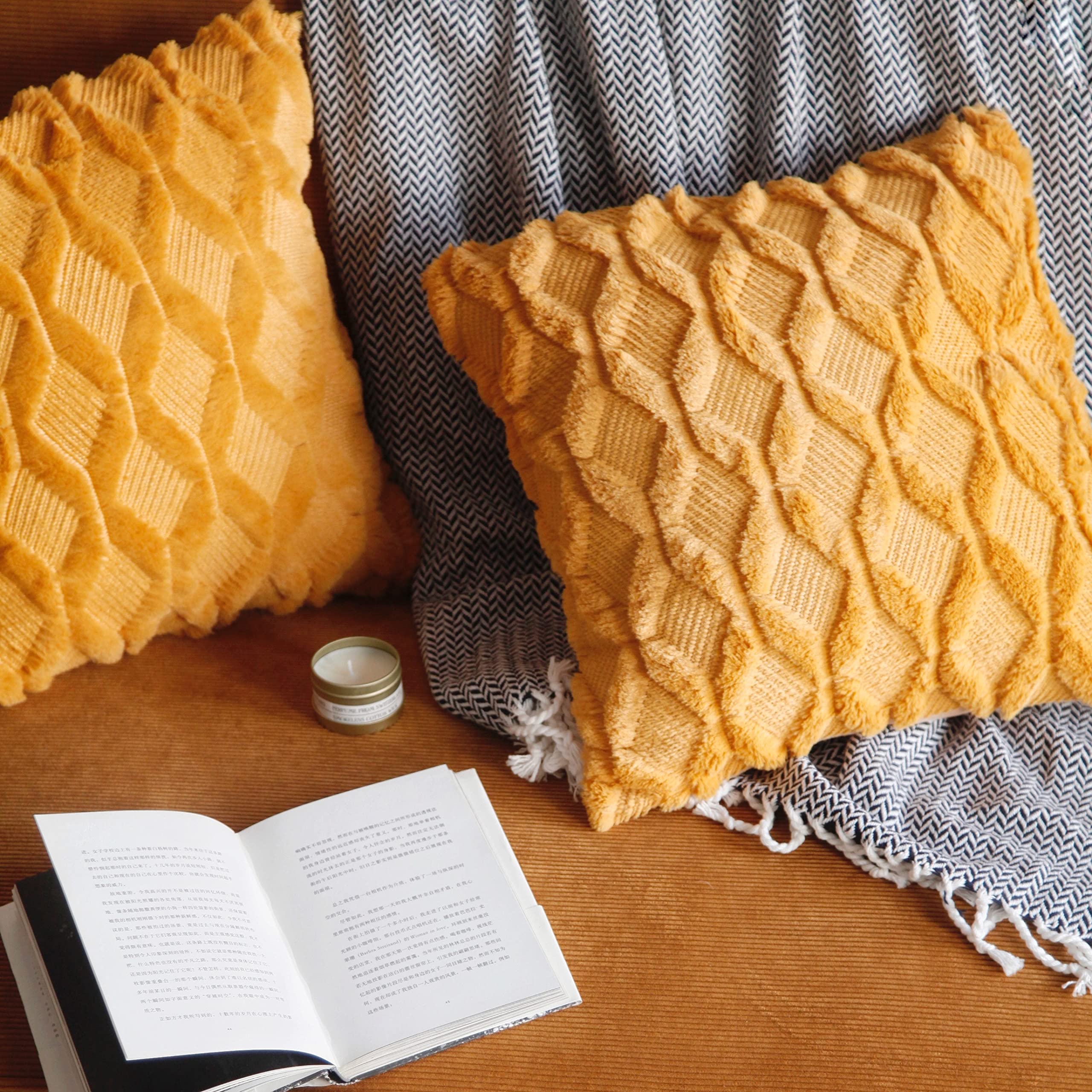 Pagnanno. Mustard Set Of 2 Soft Velvet Cushion Covers 45X45cm(18X18 Inches) Fluff Throw Pillowcases Square Cushion Covers For Chairs,Living Room,Bedroom With Invisible Zipper (18"X18" (Pack Of 2), )