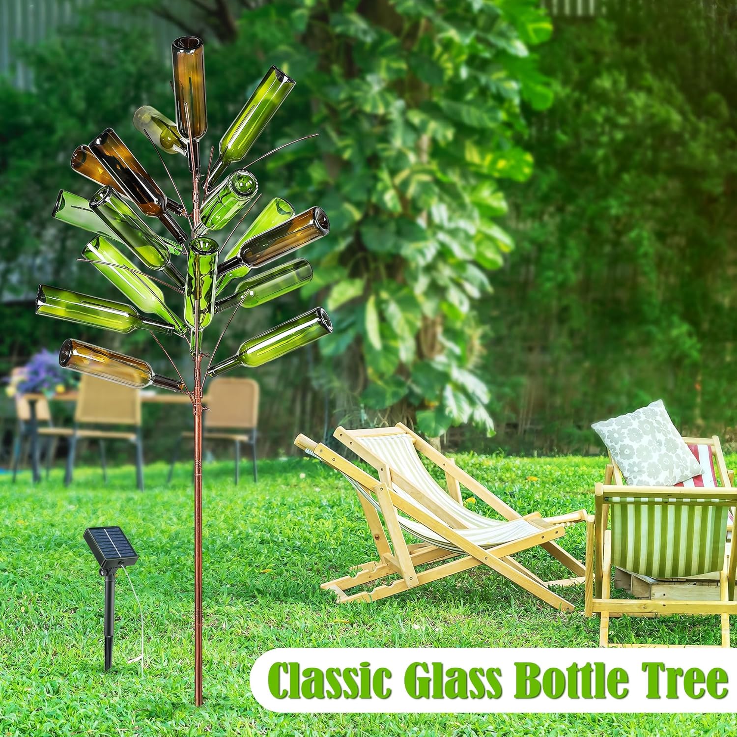 Meonum Solar Light Bottle Tree, 61" Metal Garden Sculpture for Yard & Patio Decor, Colorful Outdoor Wine Holder for Garden & Lawn Decoration, Holds 24 Glass Containers(Bronze)