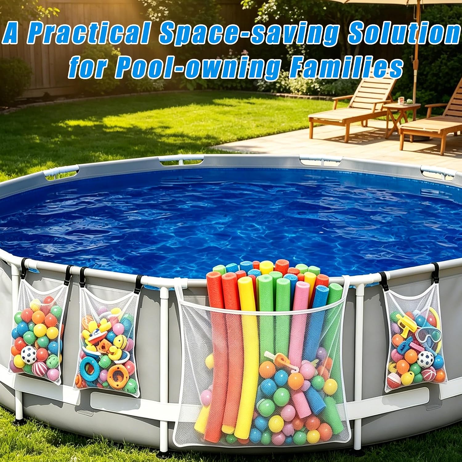 4Pcs Poolside Mesh Storage Bags for Above Ground Pool Toy Pool Float Holder | Pool Toy Storage Net Mesh Pool Hanging Organizer, Easy Install Pool Hang Organize Bags for Toys, Pool Noodles, Vibrant Floats