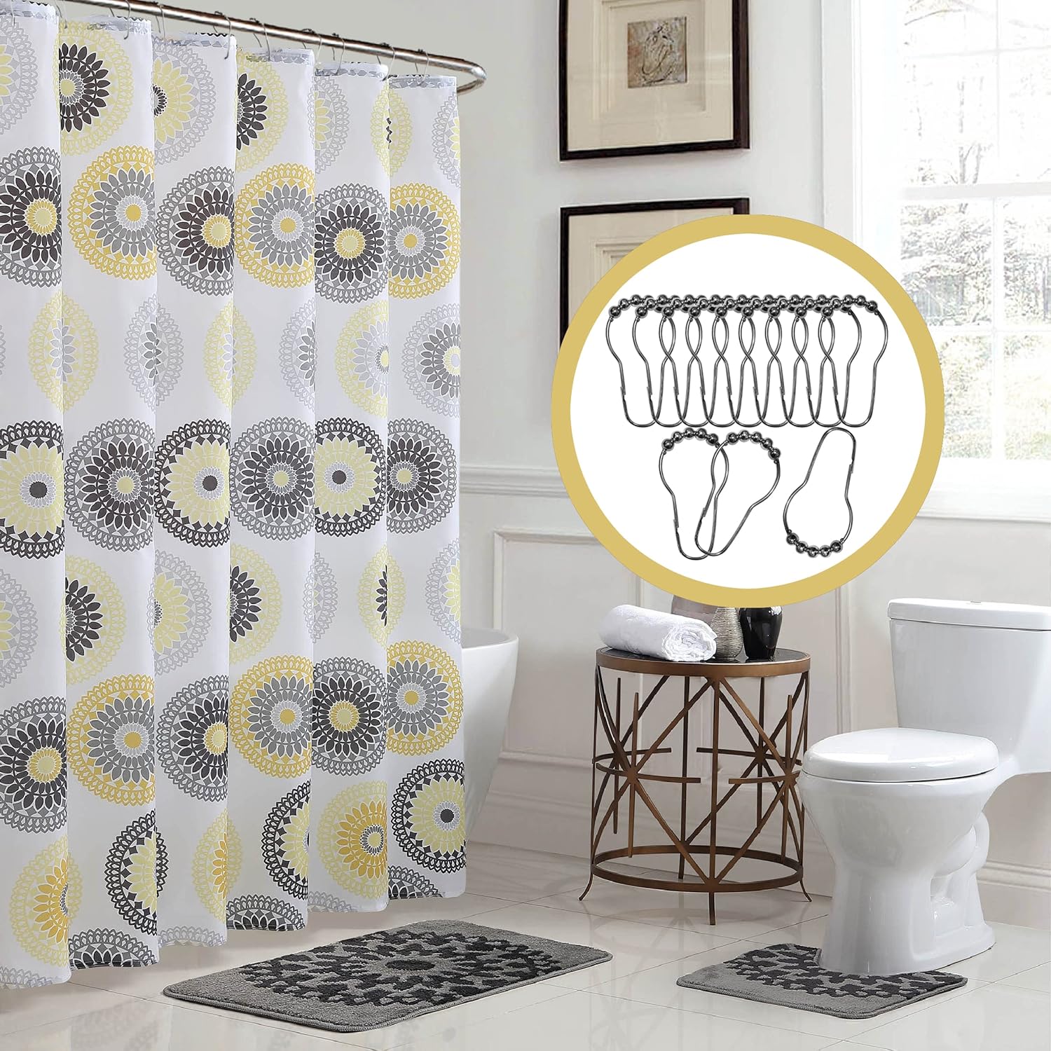 Creative Home Ideas 15-Piece Bathroom Shower Curtain Set Set of 1 Shower Curtain & 12 Metal Hooks & 1 Bath Mat & 1 Contour Mat, Modern Bathroom Dcor, Machine Washable, Raquel Gold Raquel Gold 72"W x 72"L (Pack of 1)