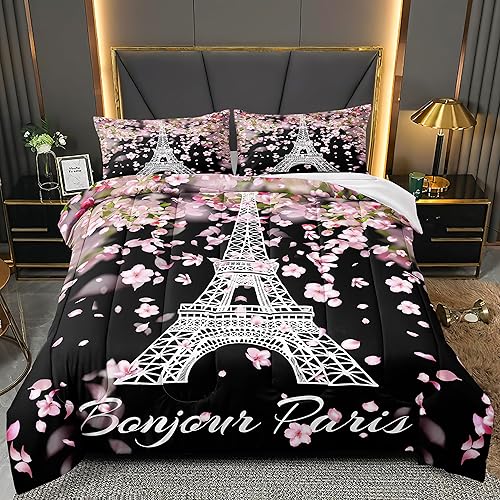 Miniatura 2 de Juego de edredón de torre Eiffel, tamaño Queen, juegos de ropa de cama con flores de cerezo para niñas, Francia París, temática romántica,