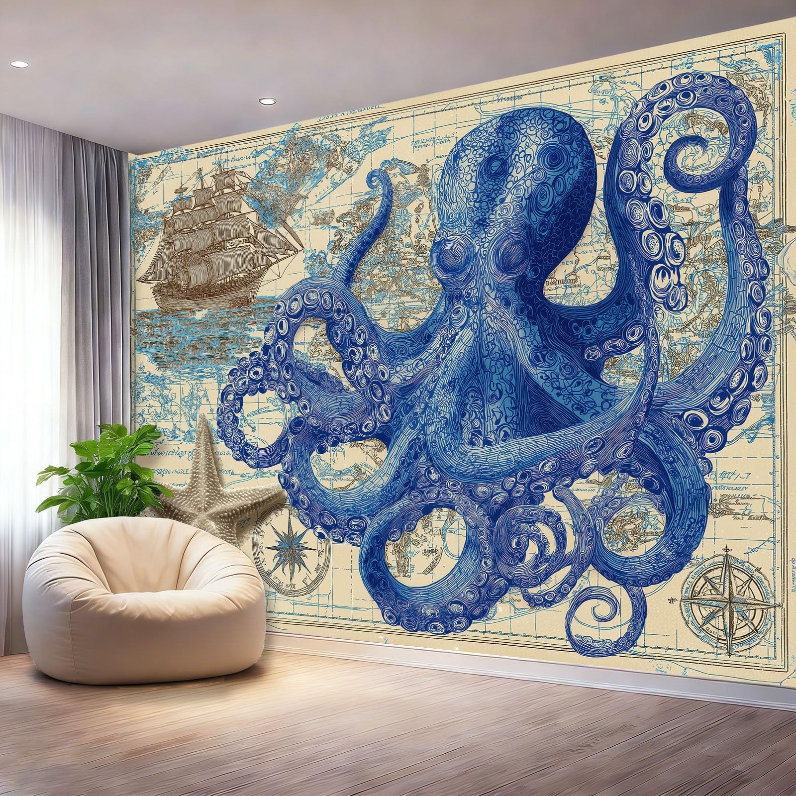 Tapeta ścienna 350 x 256 cm do salonu sypialnia kuchnia - Design z ilustracją morską ośmiornica mapa - łatwa w montażu, drukowana w wysokiej rozdzielczości, wodoodporna i łatwa do czyszczenia
