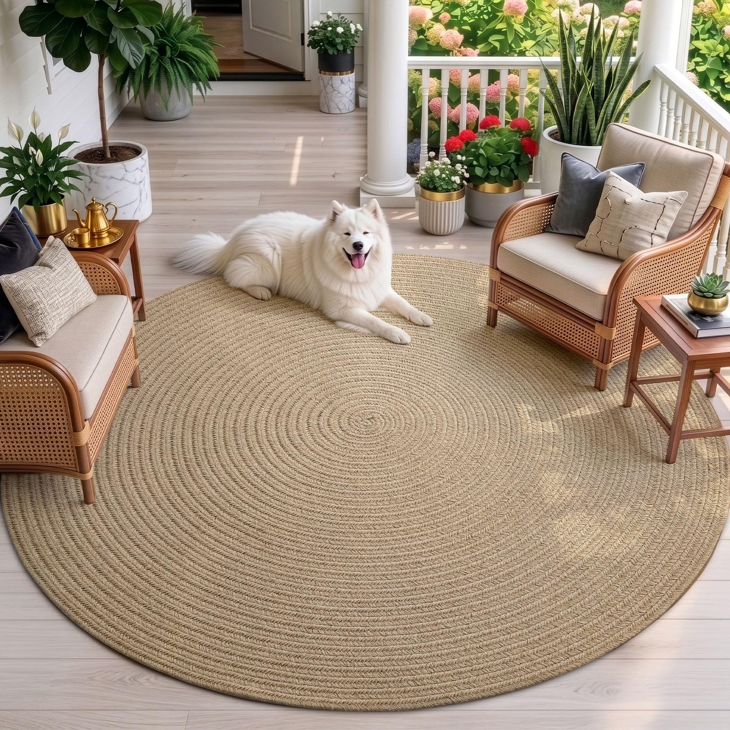 DEXI Round Jute Rug Natural Fiber 6x6, Braided Woven Area Rugs No Shed, Large Soft Neutral Rustic Carpet Mat for Indoor Outdoor Patio Dining Living Room Bedroom Farmhouse, 6ft, Beige