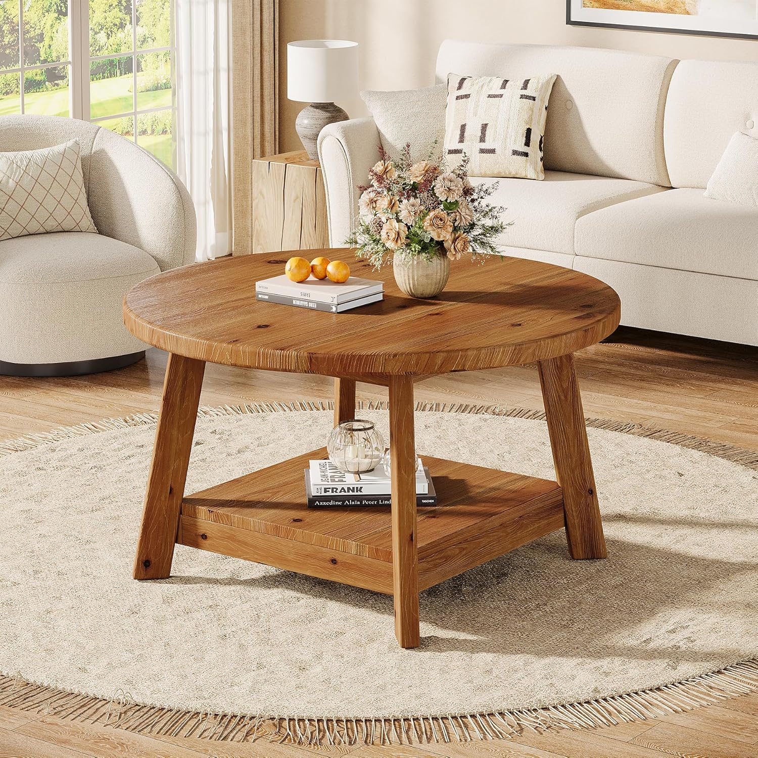 Solid Wood Round Coffee Table for Living Room, 31.5” Farmhouse Wooden 2-Tier Circle Center Cocktail Accent Table with Storage Shelf and Tapered Legs for Apartment, Small Space, Brown