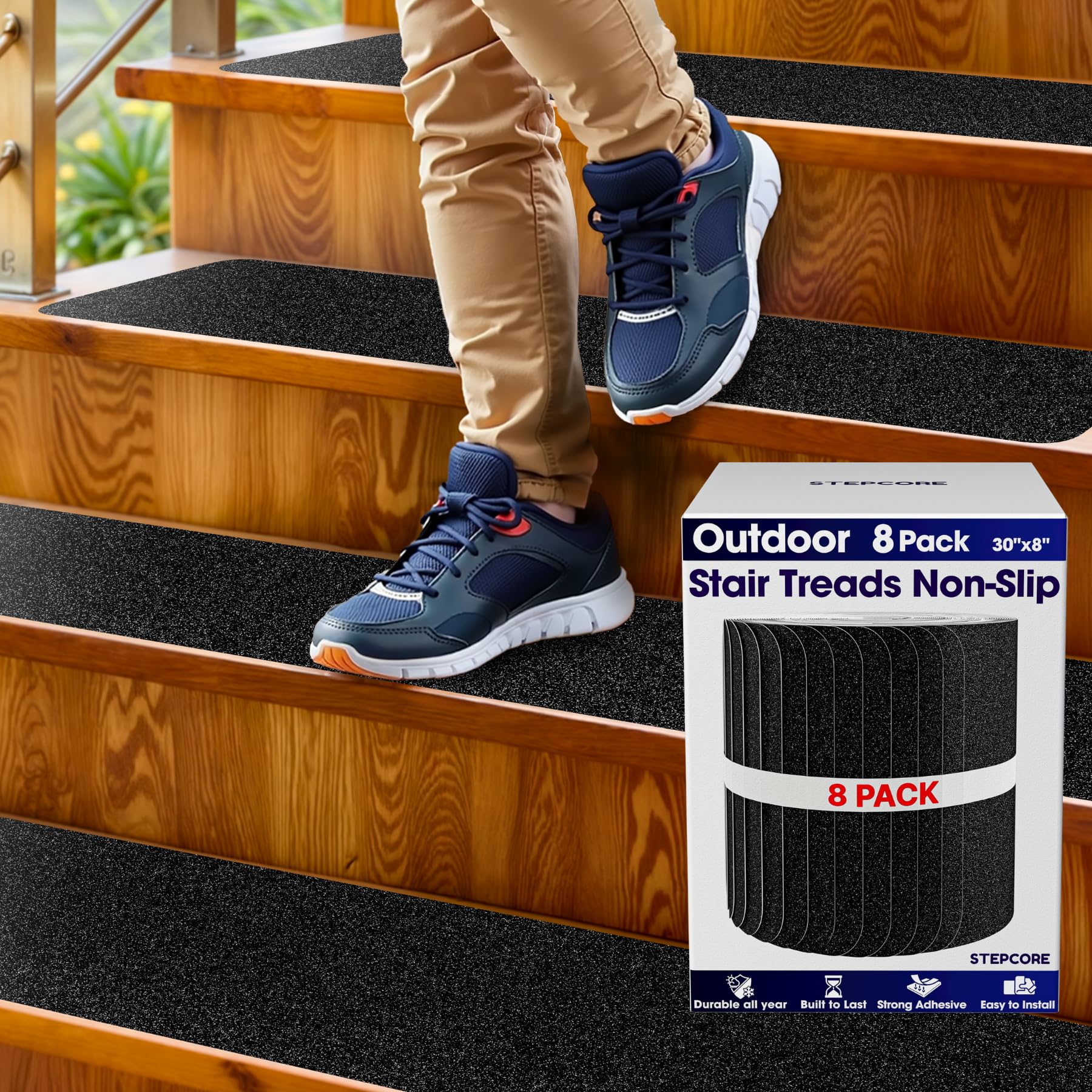Outdoor Stair Treads Non Slip – 30" x 8" – 8-Pack Waterproof 80-Grit Grip Strips for Wooden Steps – Anti Slip & Anti Skid Step Treads – by STEPCORE