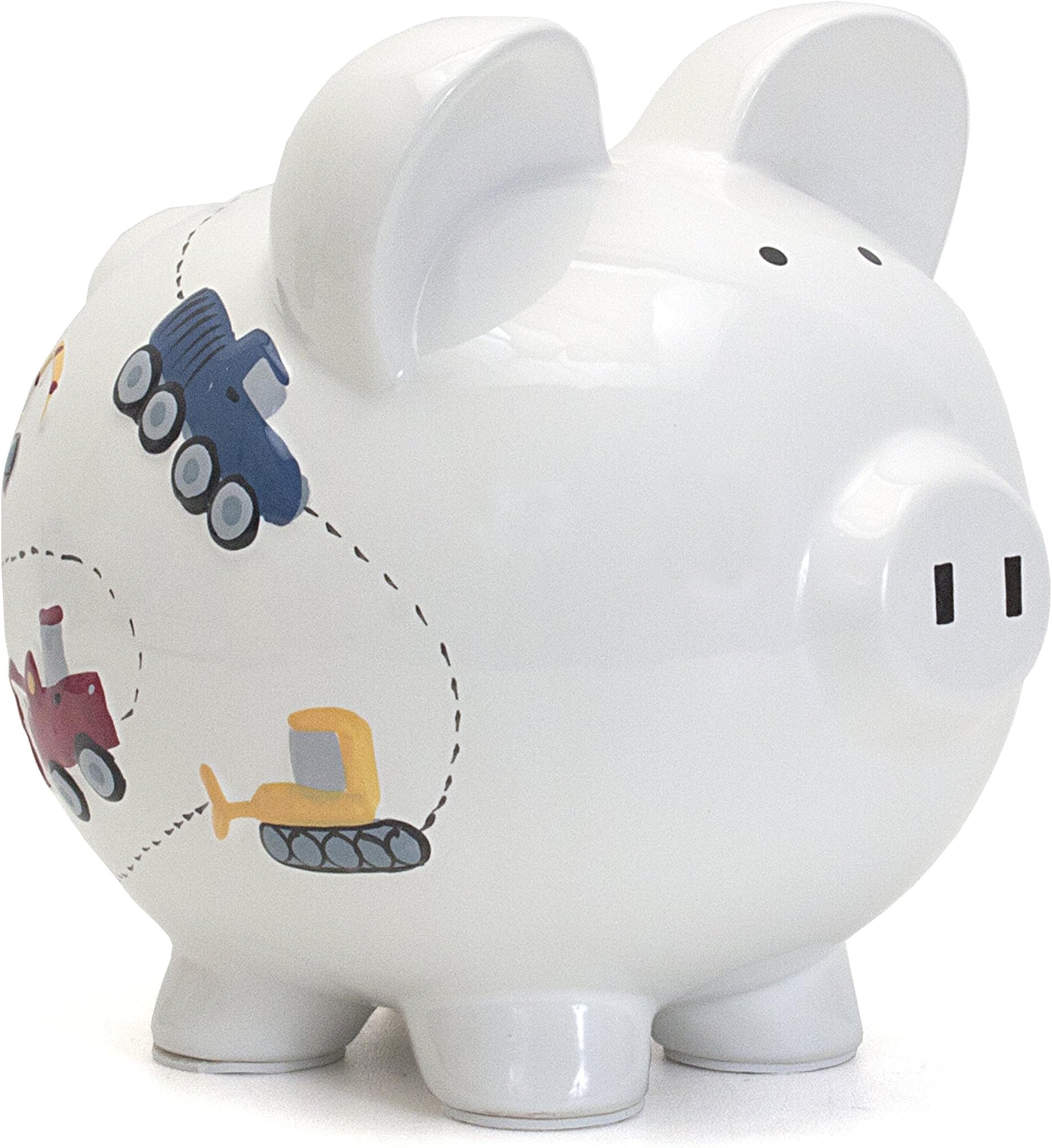 Ceramic Piggy Bank for Boys, Construction Trucks, White
