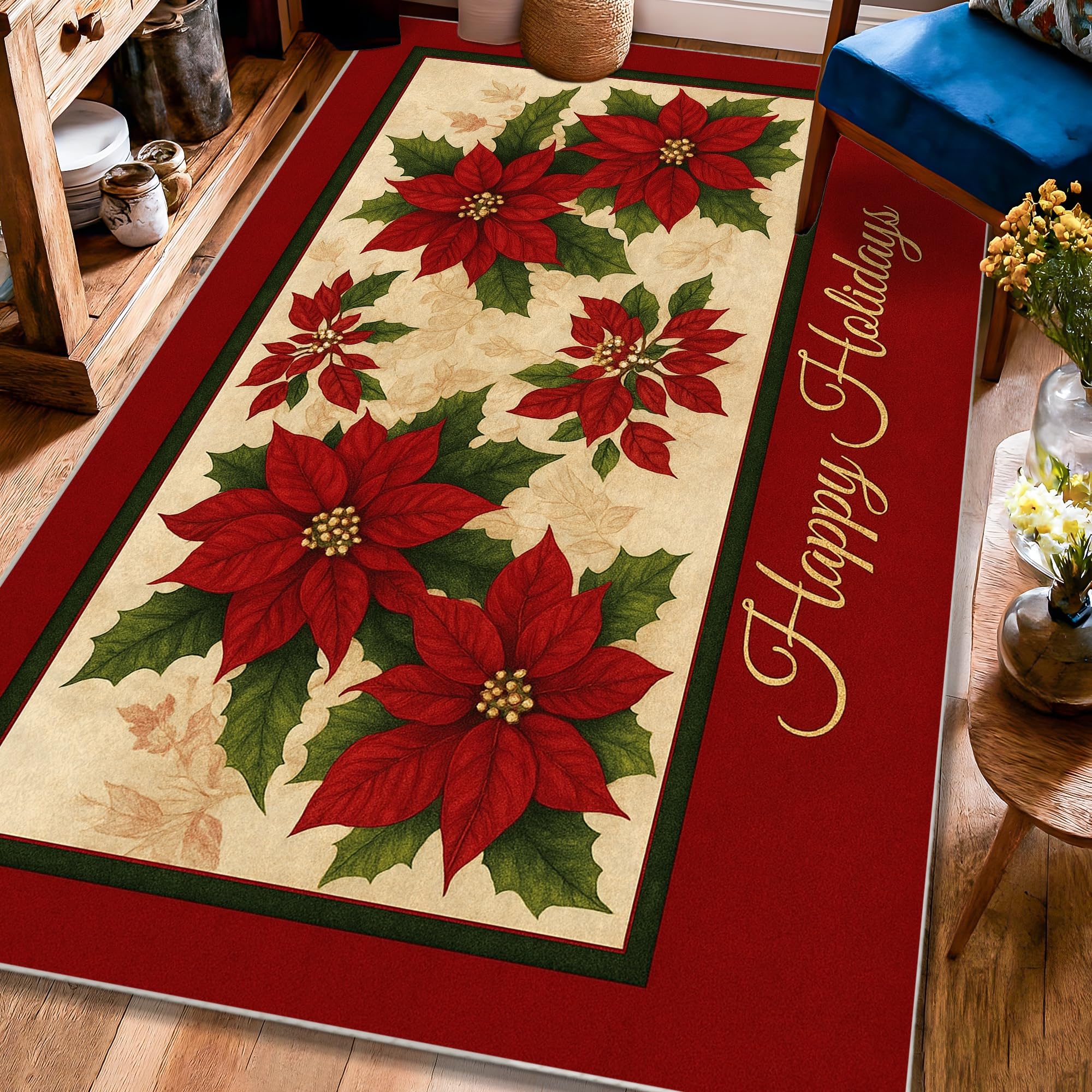 Tapis à poils courts Poinsettia rouge pour réchauffer l'ambiance de la chambre