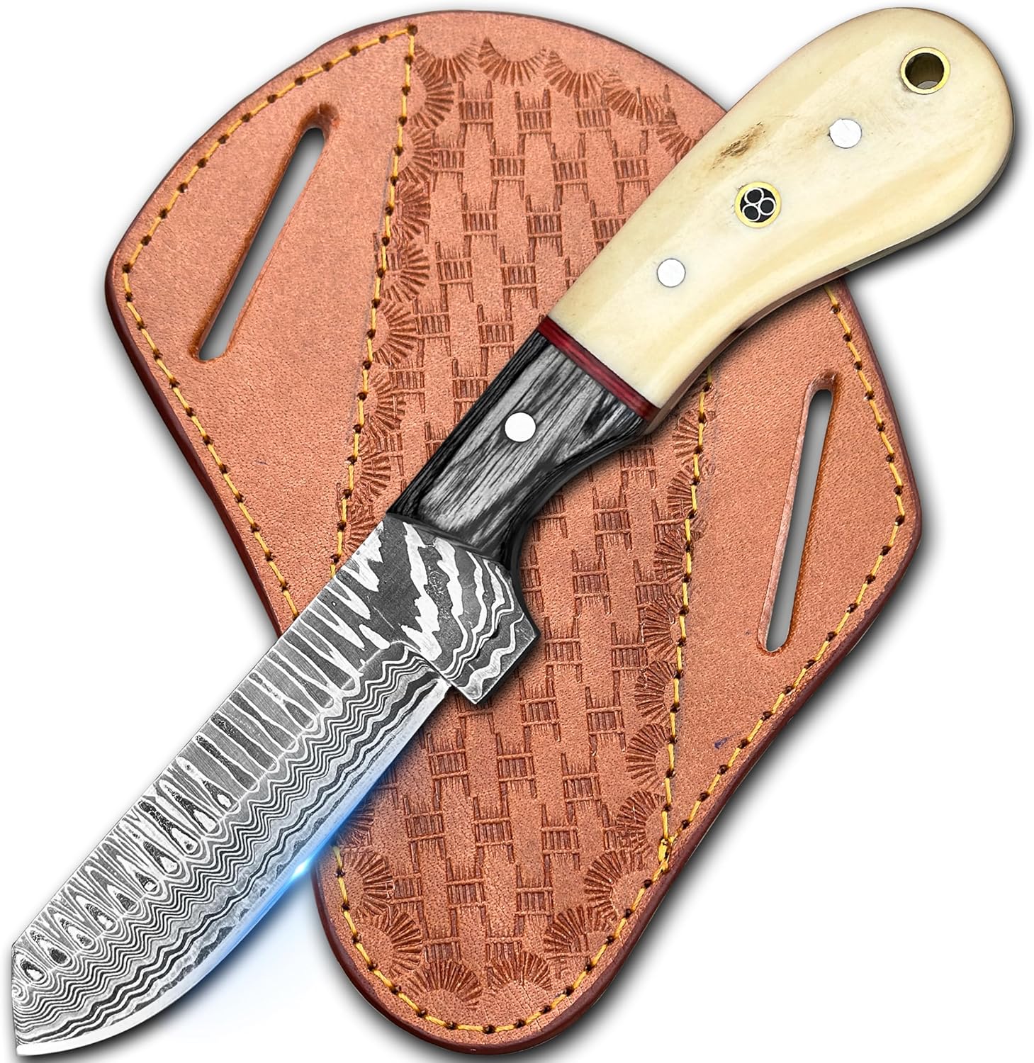 Cowboy Knives with Leather Sheath - 8” Sharp Handmade Damascus Bull Cutter Knife - EDC Fixed Blade Hunting Knife for Skinning, Camping, Bushcrafting and Outdoor Activities, white
