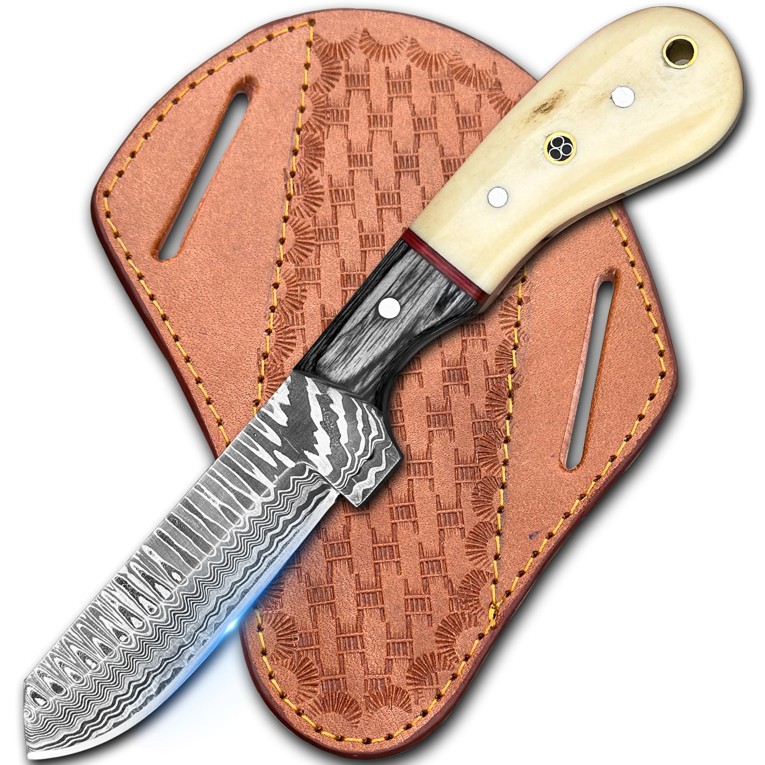 Anar Enterprise Cowboy Knives with Leather Sheath - 8” Sharp Handmade Damascus Bull Cutter Knife - EDC Fixed Blade Hunting Knife for Skinning, Camping, Bushcrafting and Outdoor Activities, white