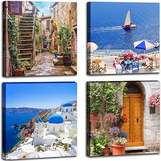 Santorini Greece Canvas Wall Art, Nature Landscape Pictures Print Rustic Scenic Paintings for Bedroom Living Room Office, Wall Decor Modern Artwork