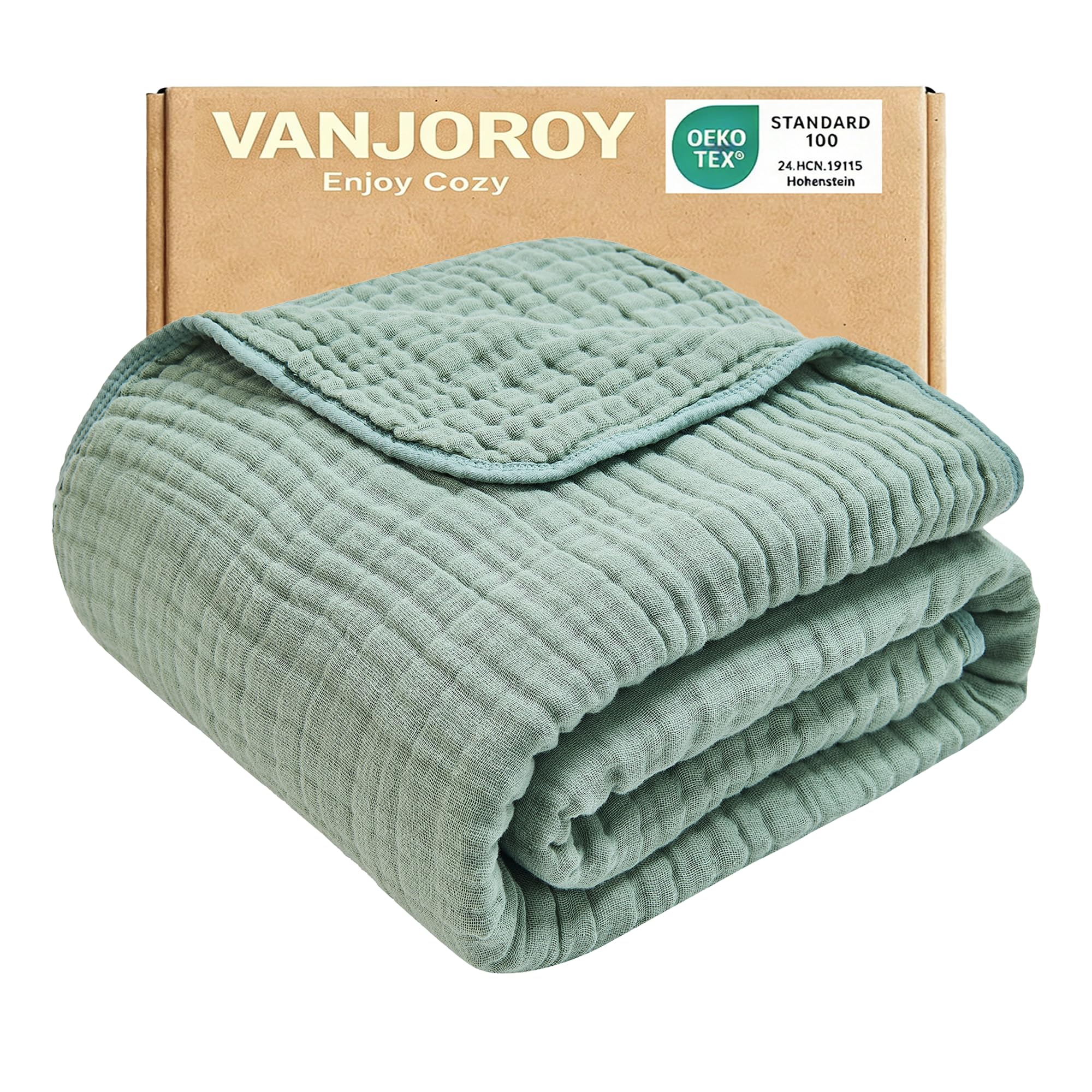 VANJOROY 100% Natural Cotton Throw Blanket, 6-Layer Muslin Organic Soft Cozy Lightweight Large Bed Throw for Sofa and Armchair - All Season Gauze Blanket,Green-130x150cm