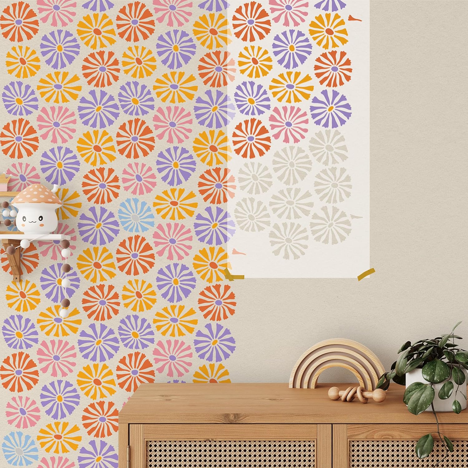 Daisy Floral Wall Stencils - DIY Stencil Painting for Living Room - Colorful Flower Stencils Wall Art - Wall Design Stencil Pattern
