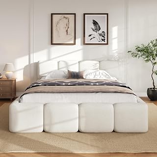 Queen Size Boucle Upholstered Platform Bed Frame, Floor Platform Bed Grounded Bed Frame with Thick Padded Headboard for Kids, Teens, Adults, Low to Floor, White