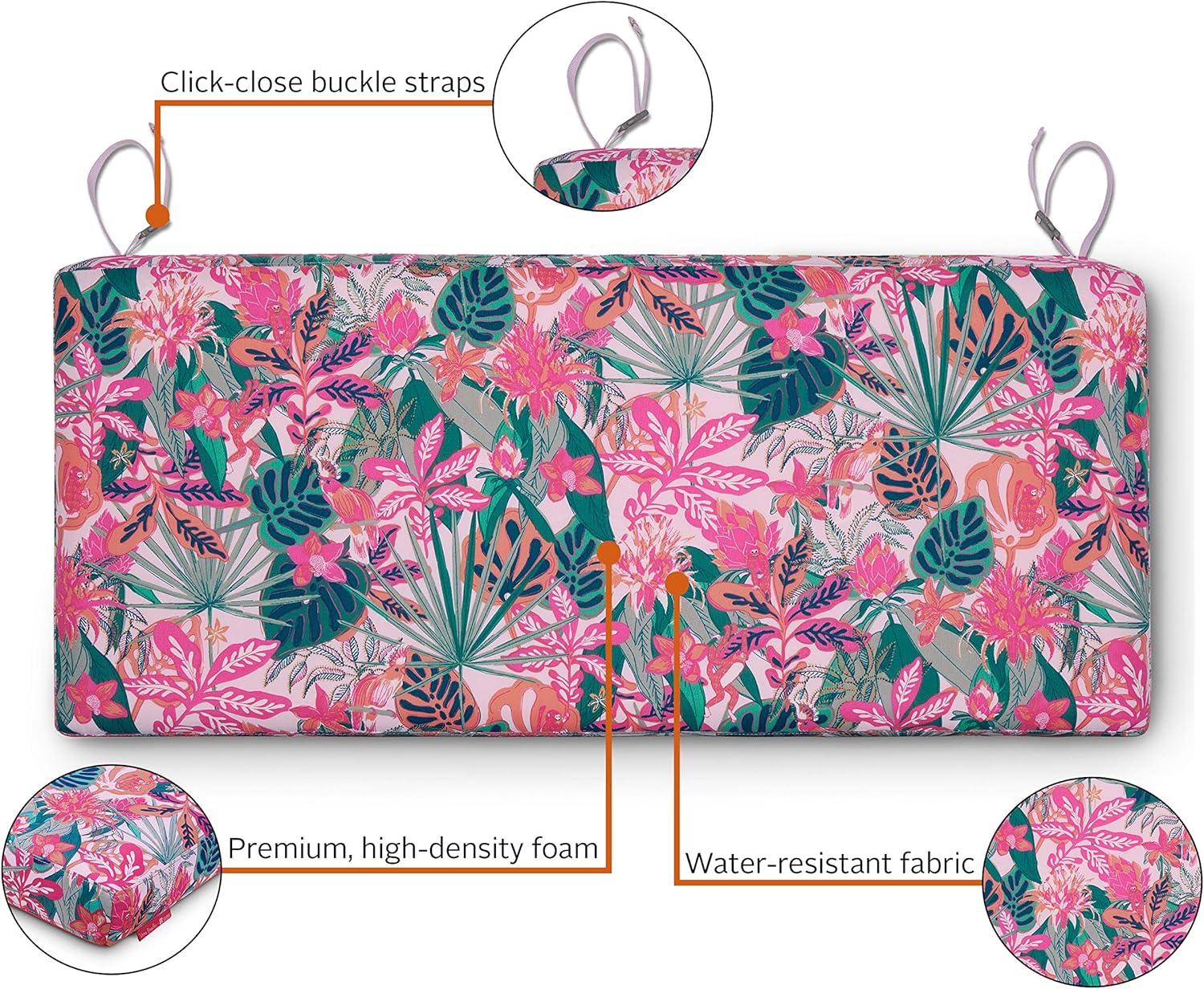 Classic Accessories Vera Bradley Water-Resistant Patio Bench Cushion, 54 x 18 x 3 Inch, Rain Forest Canopy Coral, Patio Furniture Cushions