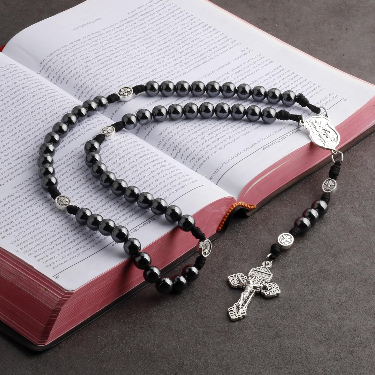 HanlinCC 10mm Hematite Stone Beads Handmade Saint Michael Paracord Rosary Necklace for Men and Women - Image 8
