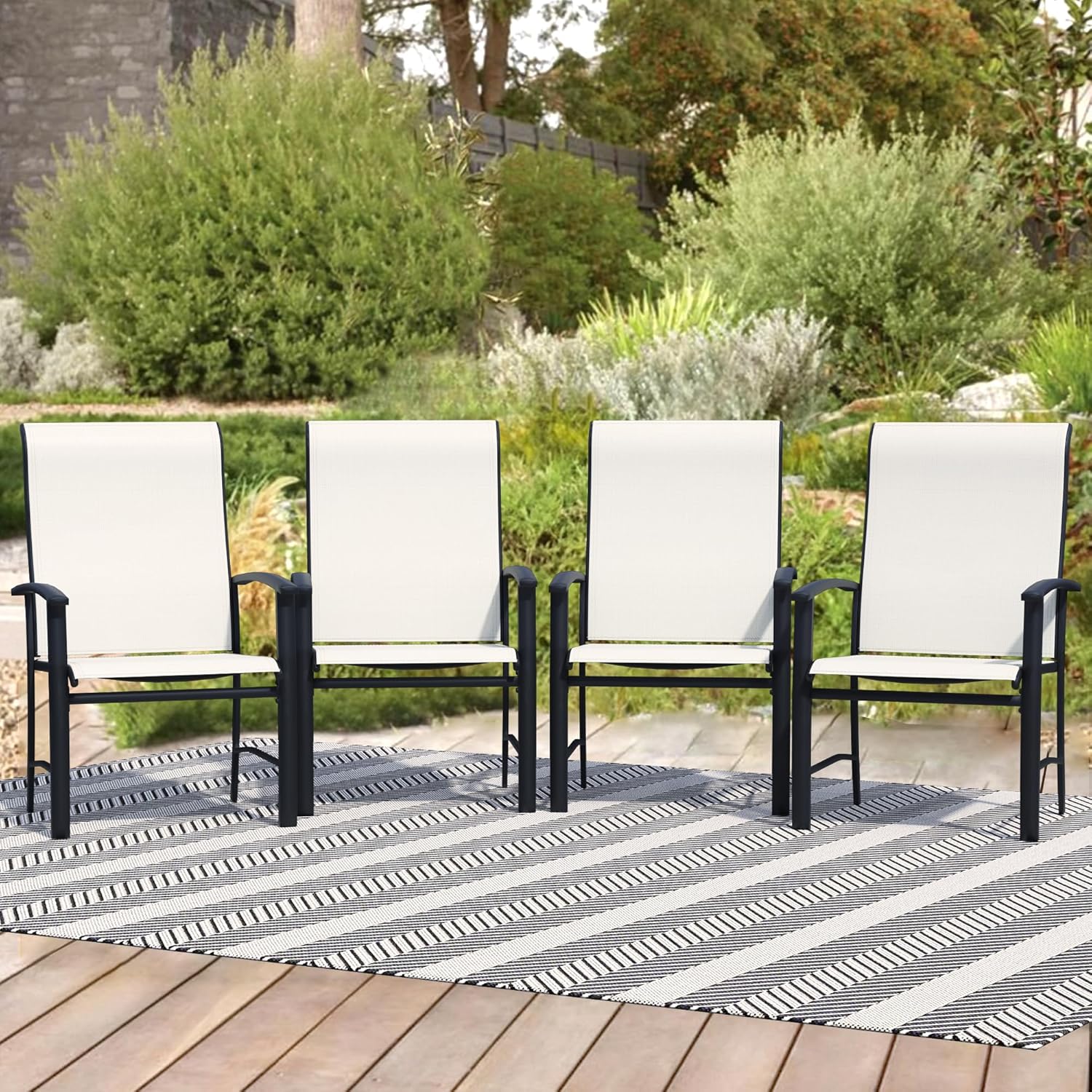 Patio Chairs Set of 4, Outdoor Chairs for Patio with High Back, Metal Outdoor Dining Chair with Armrest for Lawn Deck Garden Balcony Porch Backyard, Oyster Beige