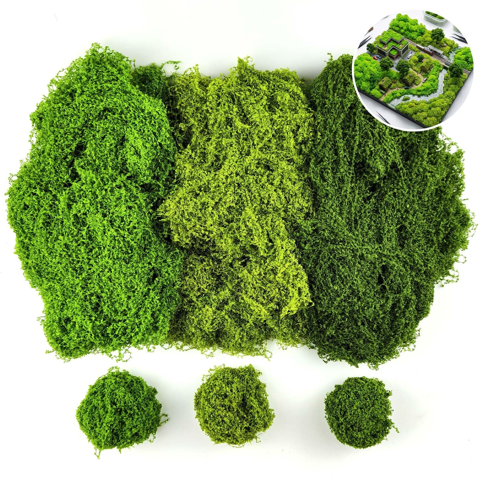 SHBAOCH 50g Dark + 50g Light + 50 Grass Green Artificial Moss, Fake Moss Faux Lichen for Crafts, Versatile Decorative Moss for Planters Fairy Gardens Indoor Displays DIY Projects