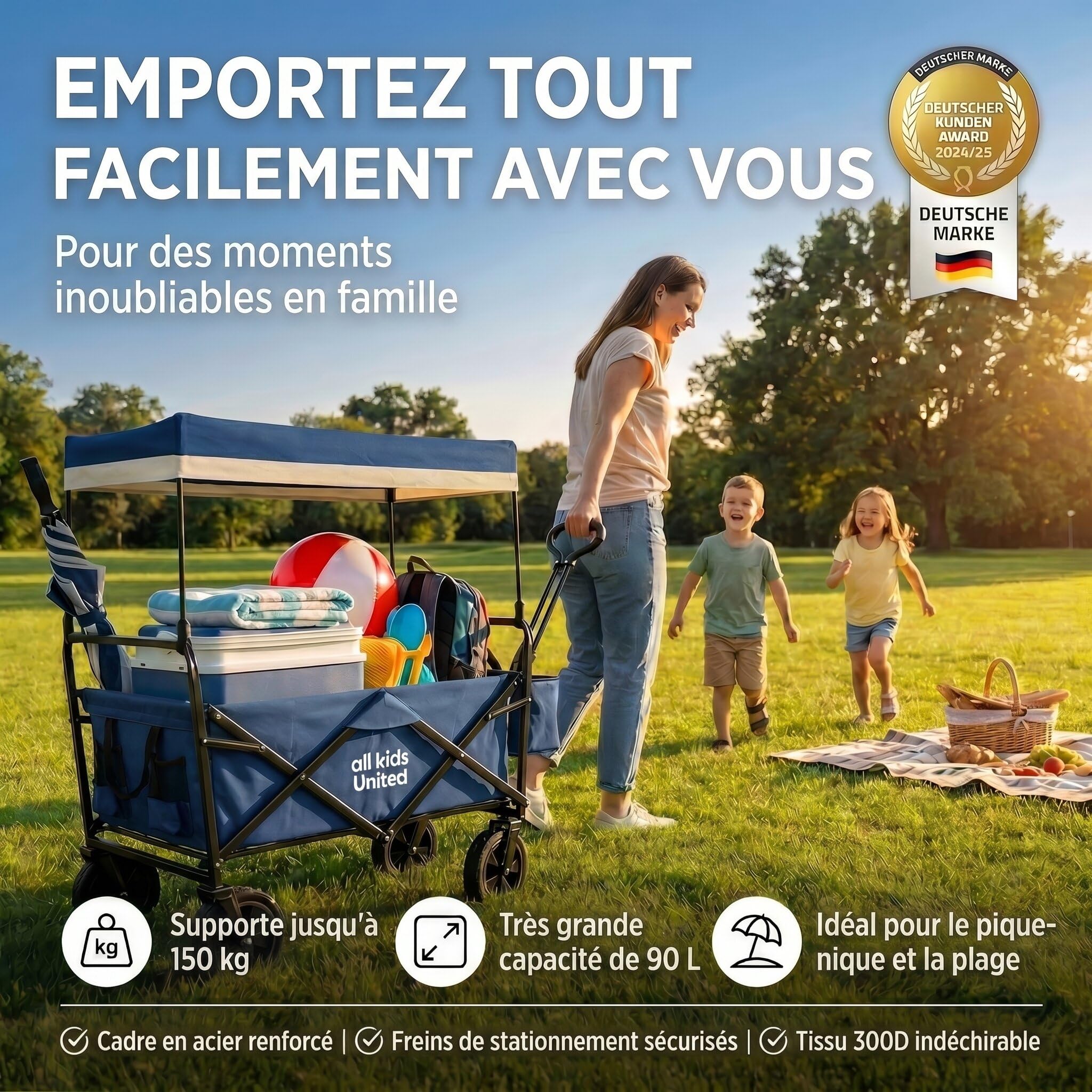 Chariot à Main de Transport Pliable; Buggy de Plage jusqu'à 90 L et 150 kg ; Roues XXL avec Frein ; Chariot de Camping pour Le Jardin et l'extérieur ; poignée réglable (Bleu)