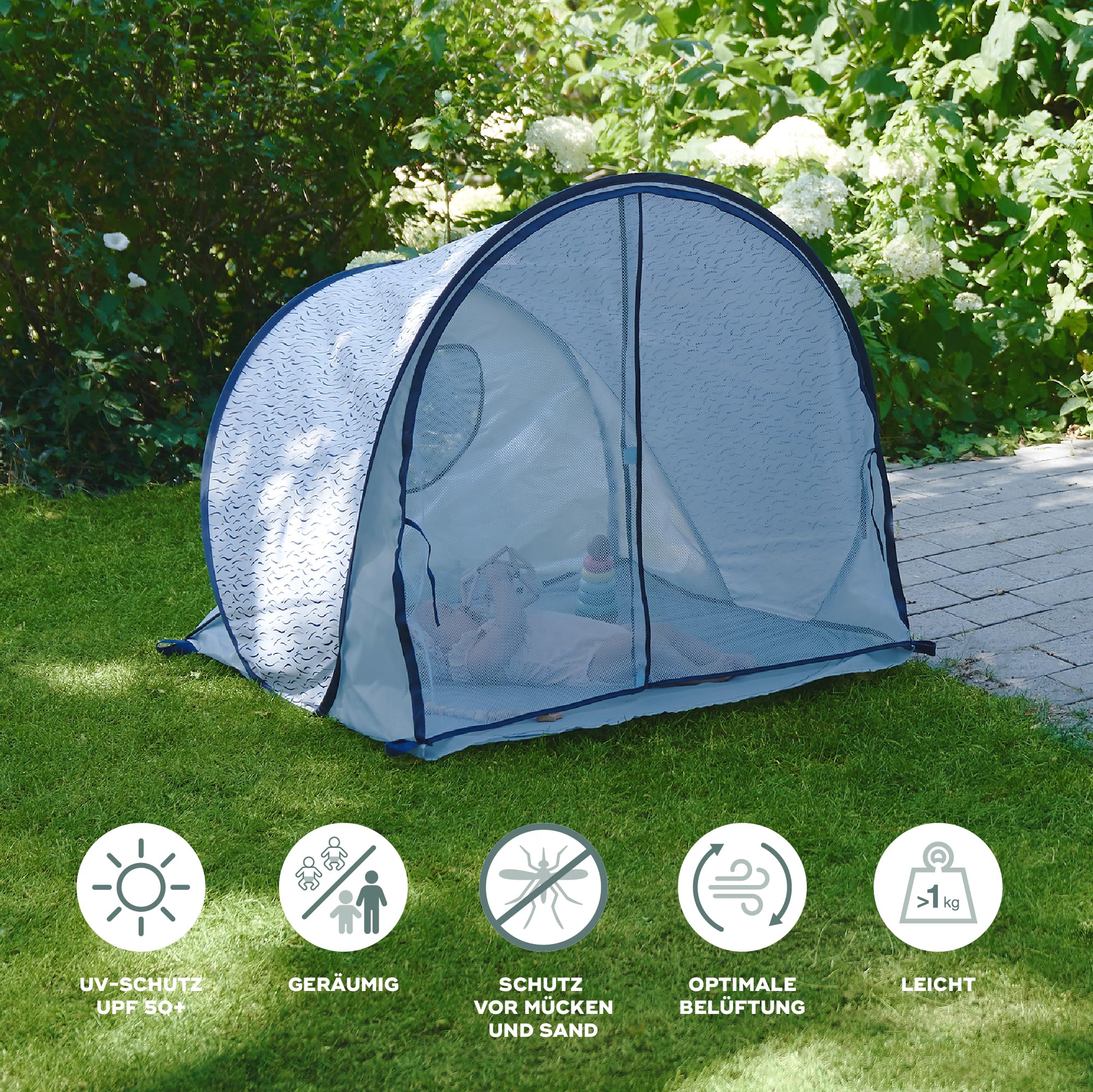 Babymoov Strandmuschel mit UV-Sonnenschutz - LSF 50, Pop-Up-System, Sonnenschutz, Blue Waves