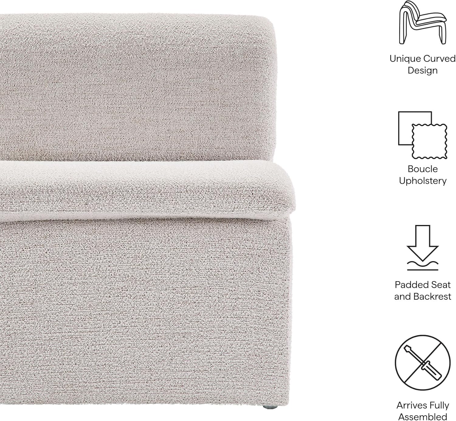 Modway Lume Curved Lounge Chair in Parchment Boucle Fabric – Modern Upholstered Armless Accent Chair with Padded Cushion - Unique Slipper Chair for Bedroom or Living Room