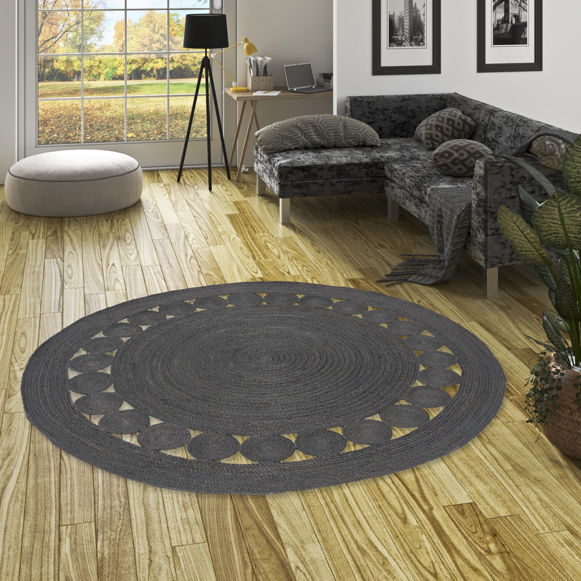 Pergamon Tapis Rond en Jute Salsa Moderne Anthracite - Fait Main en Fibre Naturelle résistante - Design Simple avec Motif tressé - Différentes Tailles Disponibles
