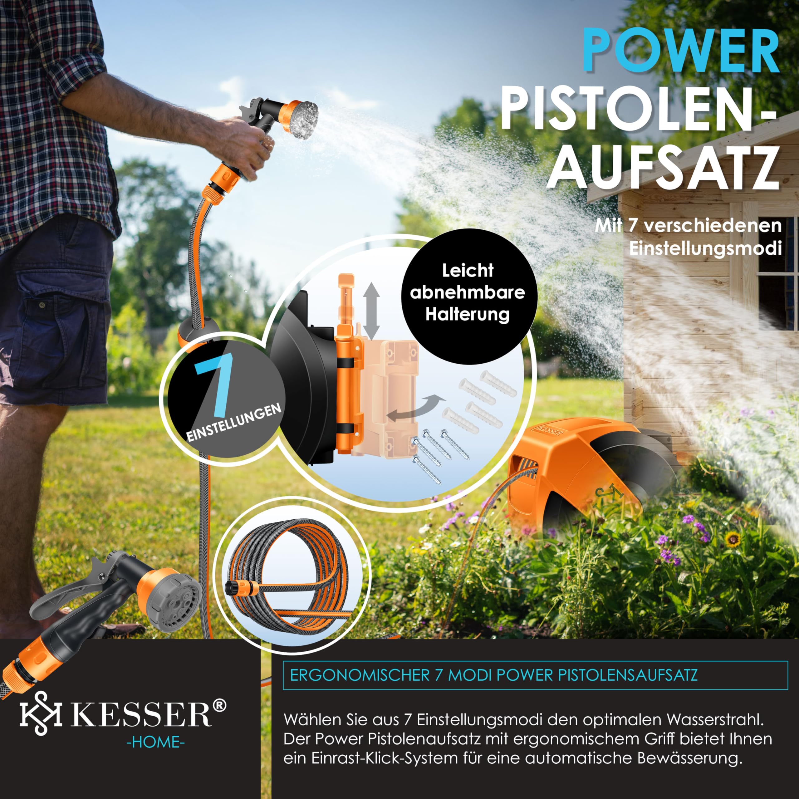 KESSER® Schlauchtrommel mit Gartenschlauch 35m | Wasserschlauchtrommel zur Wandmontage | Wandhalterung | 180° schwenkbar & automatische Aufrollung | Wand-Schlauchbox inkl. 7-Funktionen Handbrause