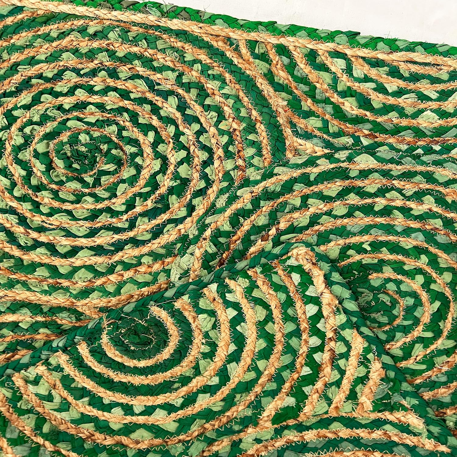 Hand Braided Jute 10x14 Kilim Flatweave Rug Thick 0.27" Geometric Green Chindi Rugs for Bedroom, Dining Area, Indoor Outdoor, Yoga Mat, Decorative Floor Carpet