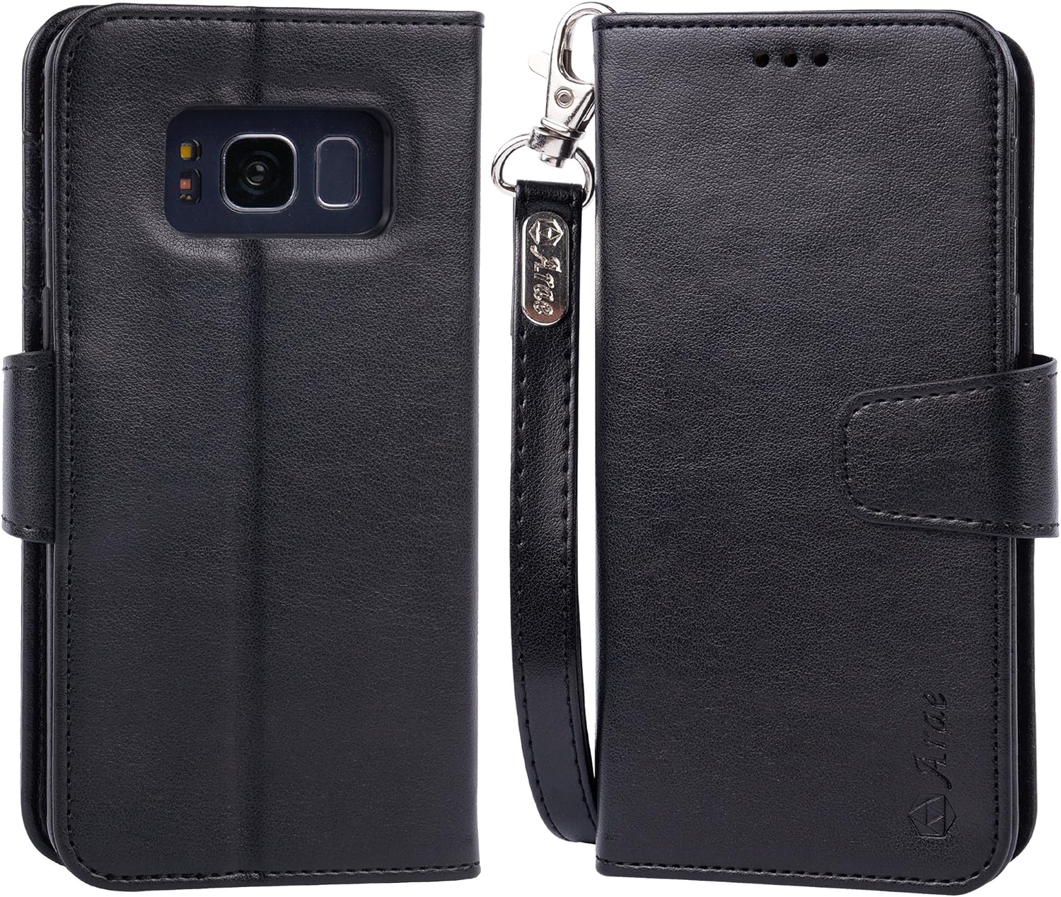 Arae Case Compatible for Samsung Galaxy S8+ / S8 plus, [Wrist Strap] Flip Folio [Kickstand Feature] PU leather wallet case with ID&Credit Card Pockets (NOT for galaxy s8) (Black)