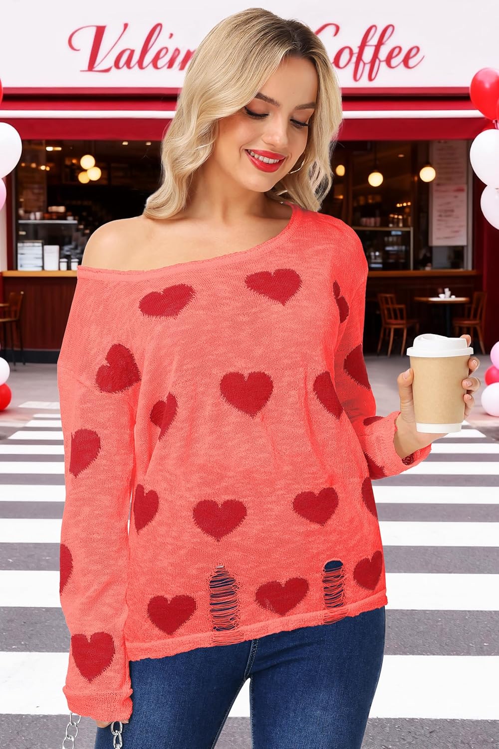 Womens Valentine Off Shoulder Shirt Long Sleeve Knitted Shirts Loose Heart Ripped Tops - Image 3