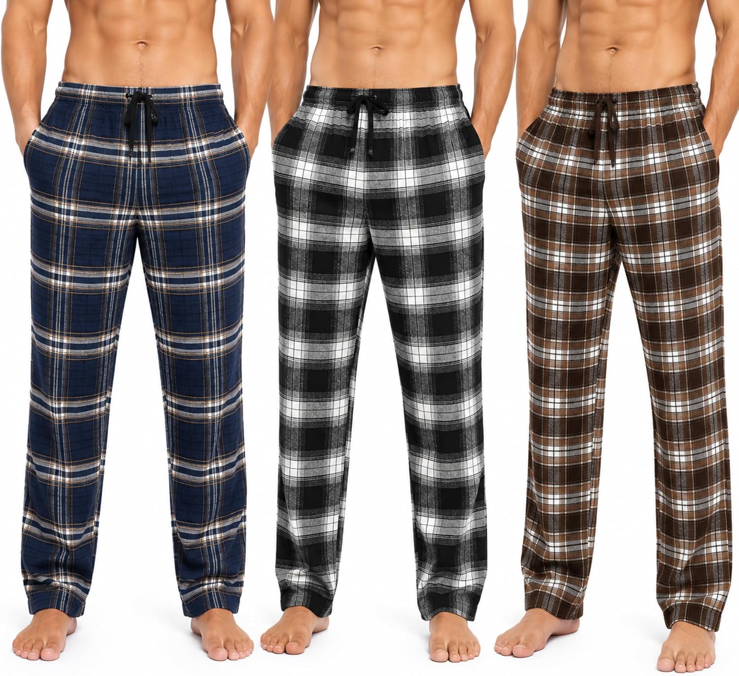 3 Pack Mens Flannel Pajama Pants - Plaid Lounge Pants for Men, Soft Cotton Pajama Bottoms