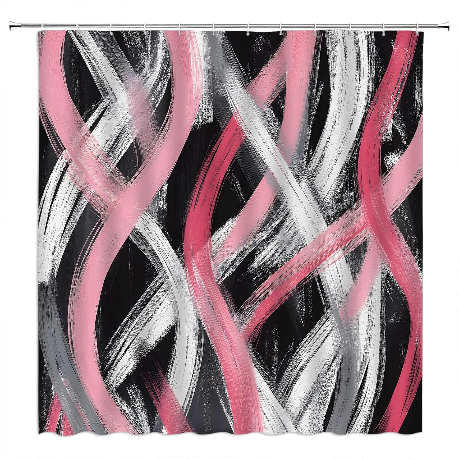 Abstract Shower Curtain Pink White Black Retro Geometric Striped Oil Painting Brush Vintage Fabric Bathroom Decor Curtains with Hooks 70W x78H,