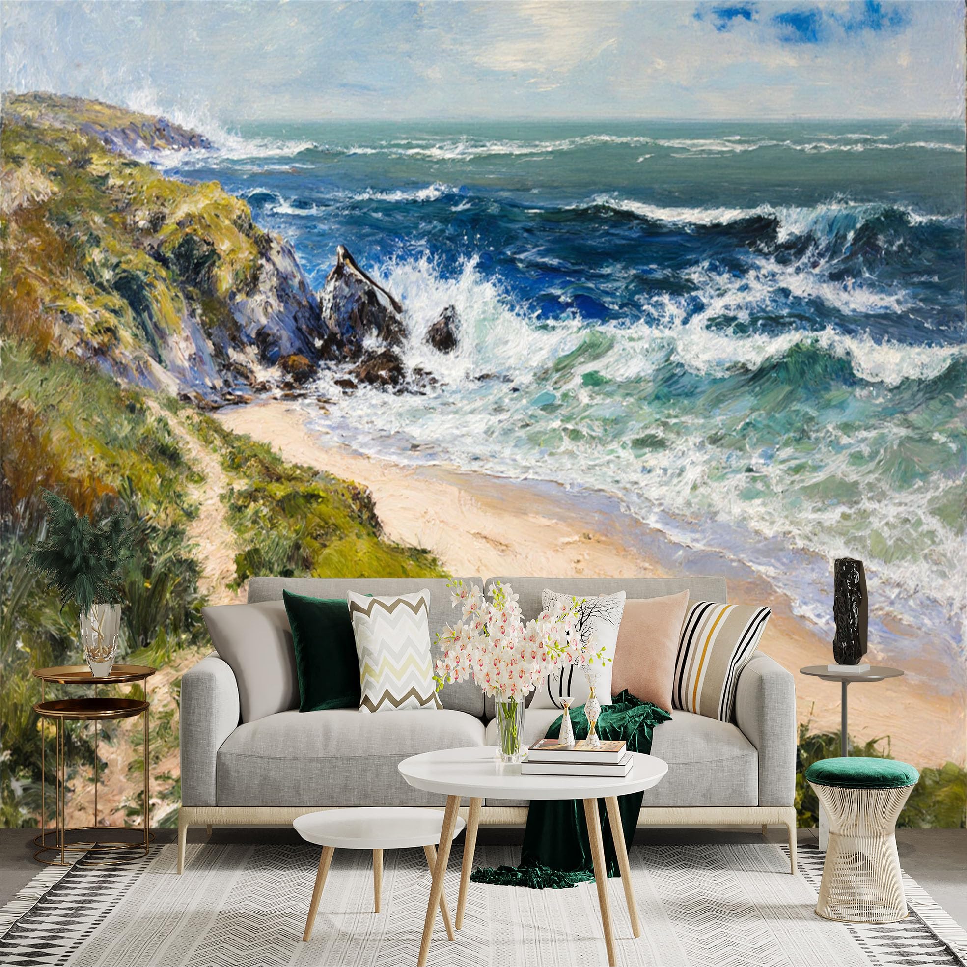 Custom Size Wall Sticker Mural， Coastal Ocean Scenery， Crashing Waves on Rocky Shore， Oil Painting Style Seascape， for wall Decoration， peelandstick wall Decals.
