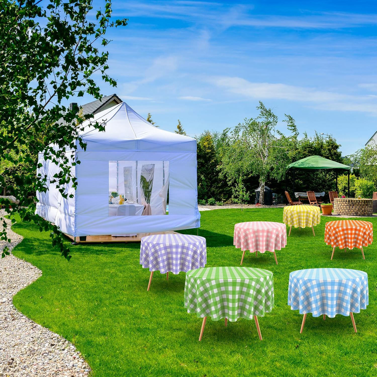 Disposable Checkered Tablecloth Round Plastic Buffalo Plaid Table Cloth 84'' Gingham Tablecover for Picnic Camping BBQ Graduation Party (Multicolor,12 Pieces)