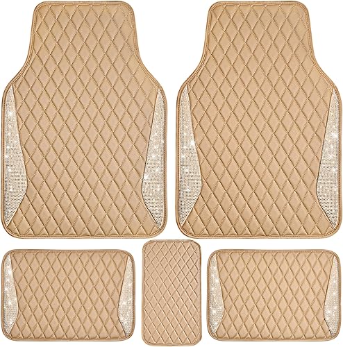 CAR PASS Alfombrillas de cuero beige brillantes para automóvil, con diamantes de imitación de cristal, alfombra antideslizante e impermeable, ajuste
