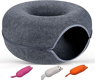 JUGGLENAUT Spacious Cat Cave - Cat Tunnel Bed & Peekaboo Cave for Indoor Cats - Cat Donut for Small to Large Cats - Includes 3 Separate Plush Toys for Extra Fun - 20lb Capacity Dark Grey
