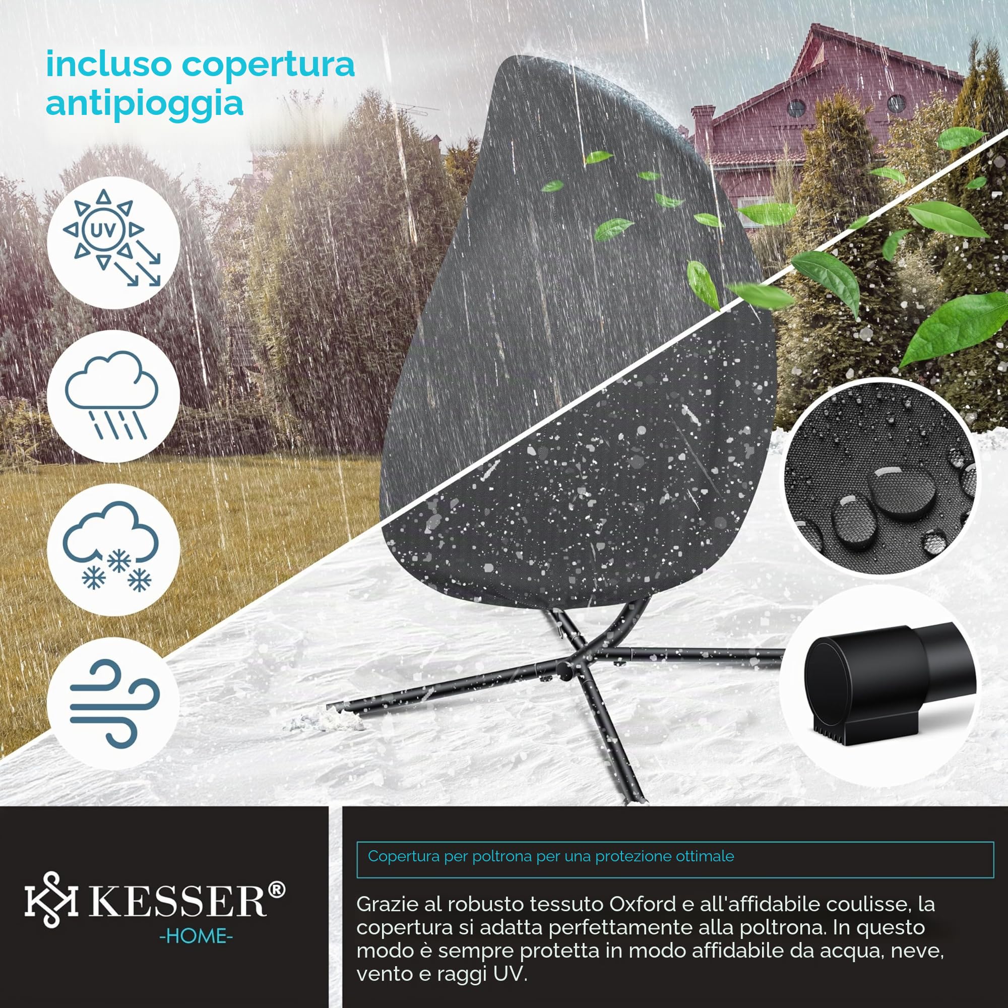 KESSER® Poltrona sospesa Luxe con telaio + morbido cuscino da seduta, imbottitura laterale, seduta e schienale imbottiti, cesto sospeso, per interni ed esterni, cesto a dondolo da giardino, grigio