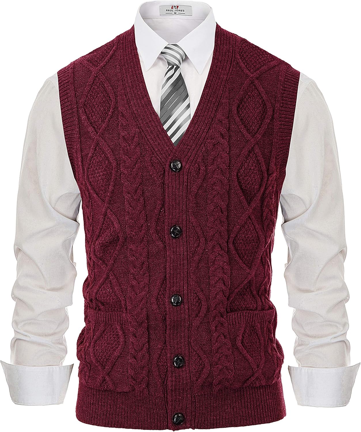 PJ PAUL JONES Men's Sweater Vest V-Neck Sleeveless Cable Knitted Cardigan Vest
